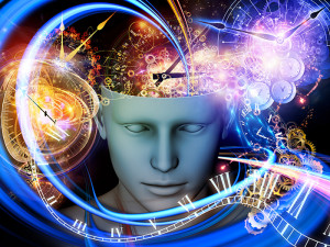 Background design of cutout of male head and symbolic elements on the subject of human mind, consciousness, imagination, science and creativity